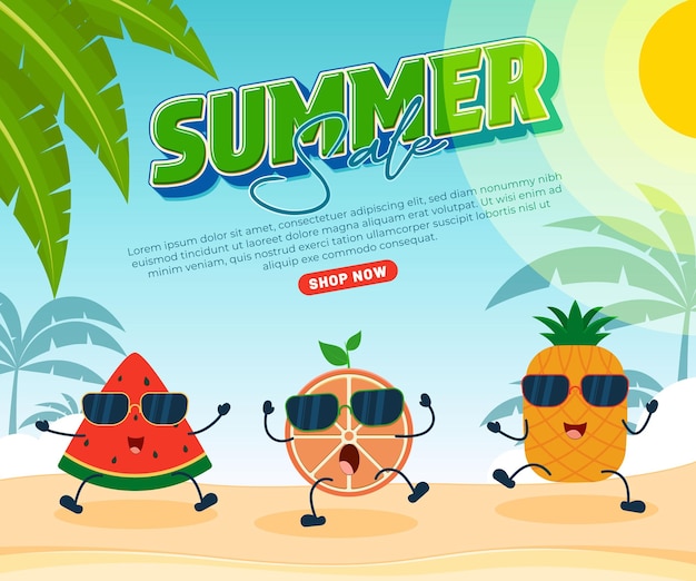Venta de verano con personajes de frutas divertidos en la playa