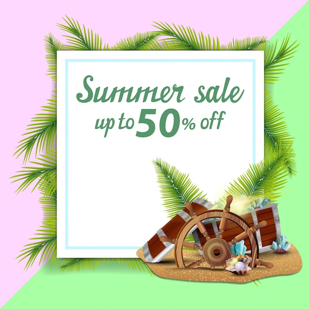 Venta de verano, plantilla para banner de descuento en forma de hoja de papel decorada con hojas de palmera.