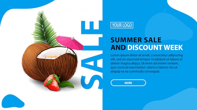 Venta de verano y semana de descuento, banner de descuento horizontal para su sitio web.
