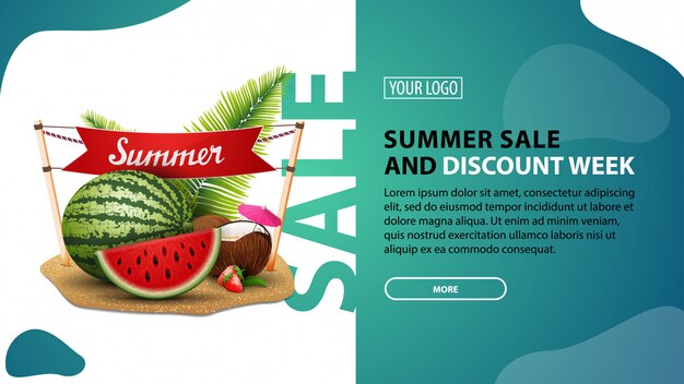 Venta de verano y semana de descuento, banner de descuento horizontal para su sitio web.