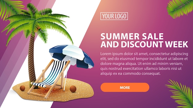 Venta de verano y semana de descuento, banner de descuento horizontal para su sitio web.