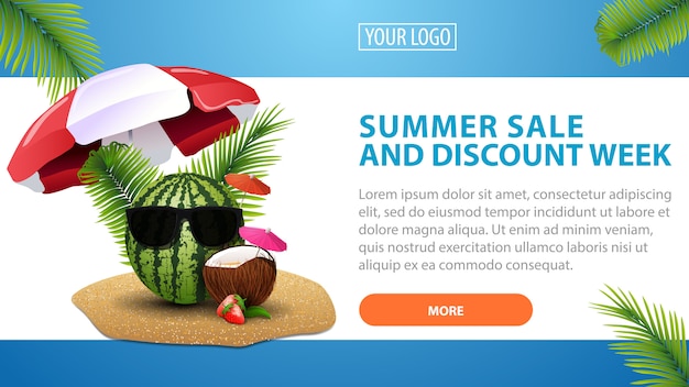 Venta de verano y semana de descuento, banner de descuento horizontal para su sitio web.
