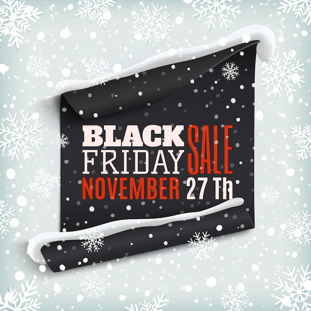 Venta de viernes negro. Banner de papel curvo sobre fondo de invierno con nieve y copos de nieve. Rebajas de invierno. Venta de Navidad. Venta de año nuevo.