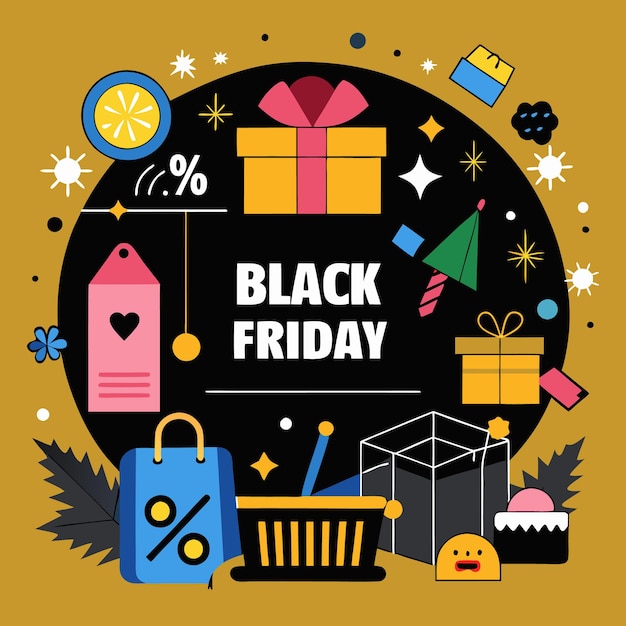 Venta del Viernes Negro con bolsas de compras de regalos y símbolos de descuento