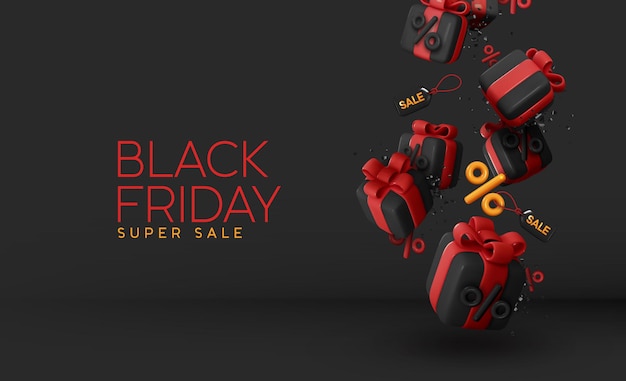 Venta de viernes negro. Cajas de regalo negras color de lazo rojo cayendo con símbolos de porcentaje. Antecedentes publicitarios festivos para Navidad y Año Nuevo. Banner de vacaciones, póster web. Ilustración vectorial 3d realista