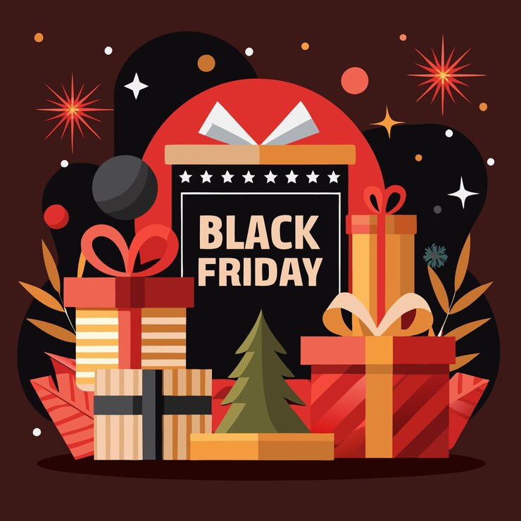 Vector venta del viernes negro con cajas de regalos y un árbol de navidad