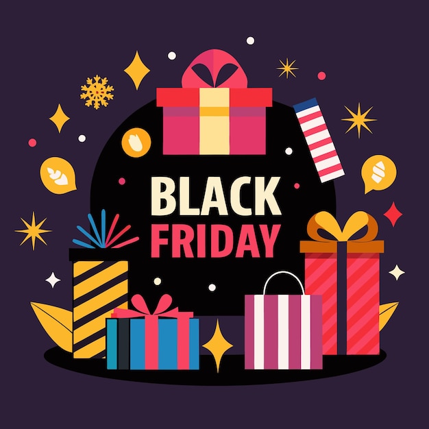 Venta del Viernes Negro con cajas de regalos coloridas estrellas y otras decoraciones