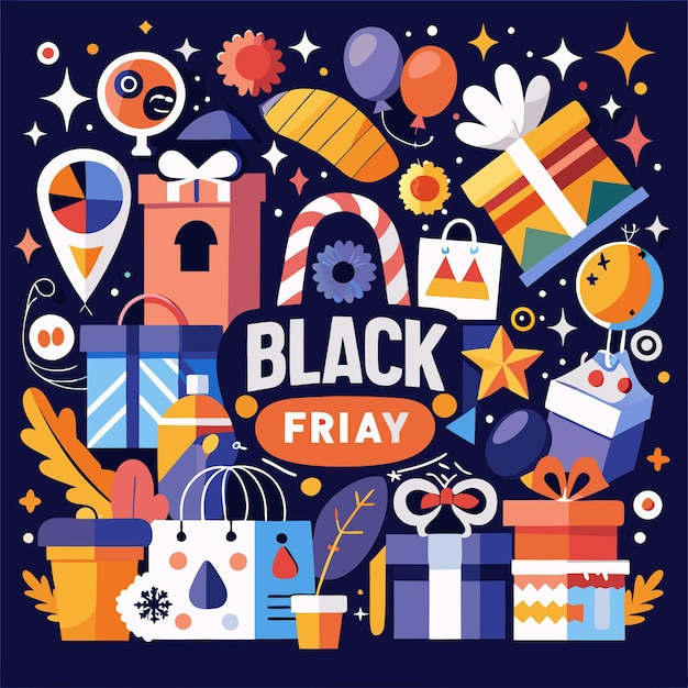 Venta del Viernes Negro con coloridas cajas de regalos bolsas globos y estrellas