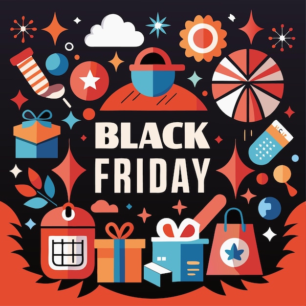 Venta del Viernes Negro con coloridos elementos de diseño geométrico como bolsas de compras regalos estrellas un calendario una medias y una nube sobre un fondo negro