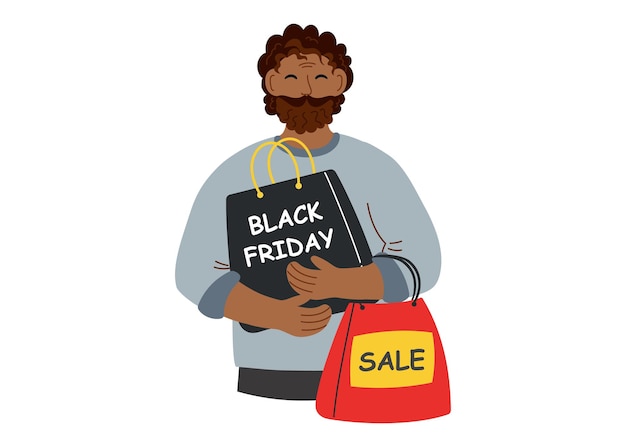 Venta de viernes negro y concepto de compras Hombre con bolsas de compras aisladas en blanco