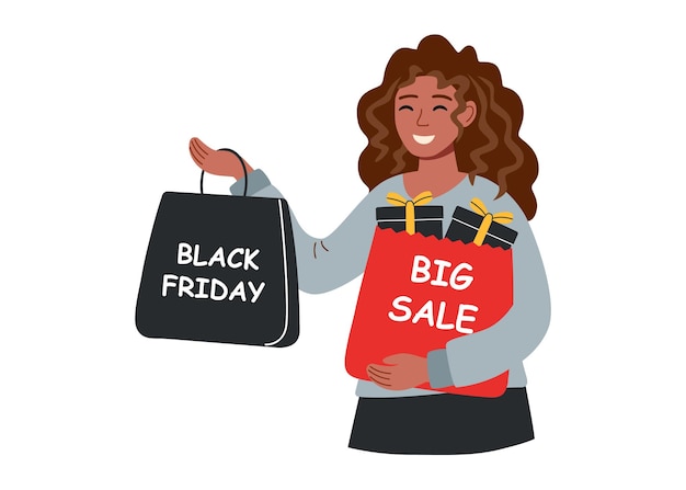 Venta de viernes negro y concepto de compras Mujer con bolsas de compras aisladas en blanco