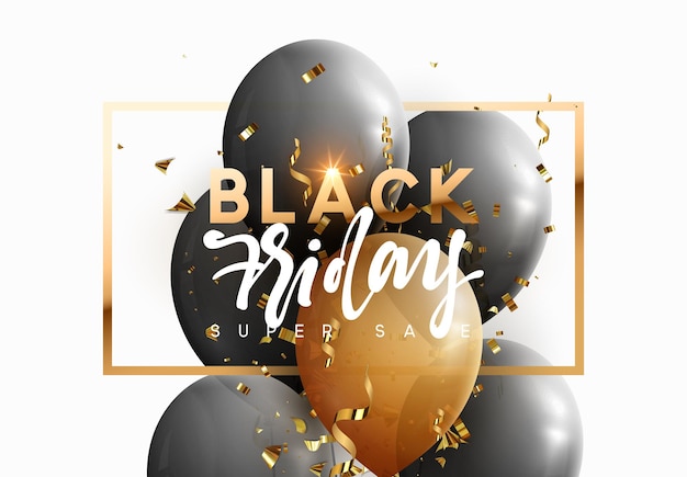 Venta de viernes negro. Fondo festivo con globos realistas. Globos con cinta en color negro, confeti dorado. Super venta de descuento. Diseño de pancartas, carteles o volantes, tarjeta. ilustración vectorial