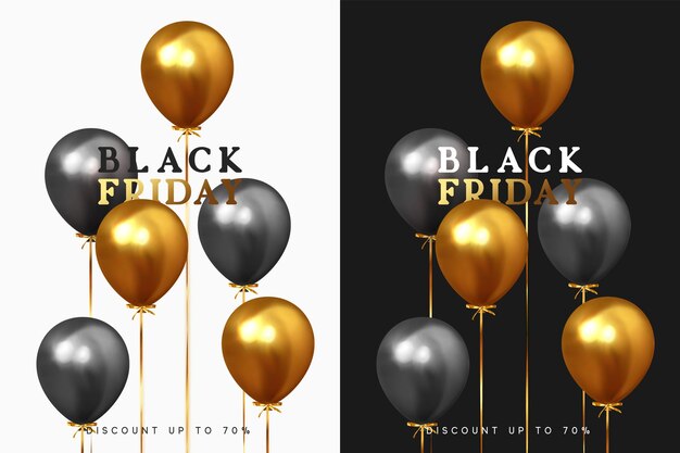 Venta de viernes negro. Fondo festivo con globos realistas. Globos de grupo con cinta en color negro y dorado. Descuento hasta un 70% de descuento. Diseño de pancartas, carteles o volantes, tarjeta. ilustración vectorial