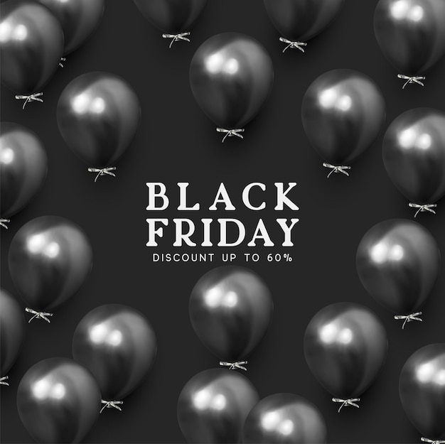 Venta de viernes negro. Fondo con globos negros y plateados. Banner de vacaciones, afiche web, volante, tarjeta de portada, Globos de fondo de celebración festiva. ilustración vectorial