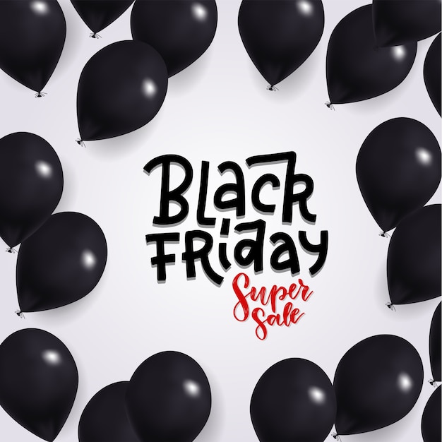 Venta de viernes negro con globos negros brillantes. texto de letras dibujadas a mano.