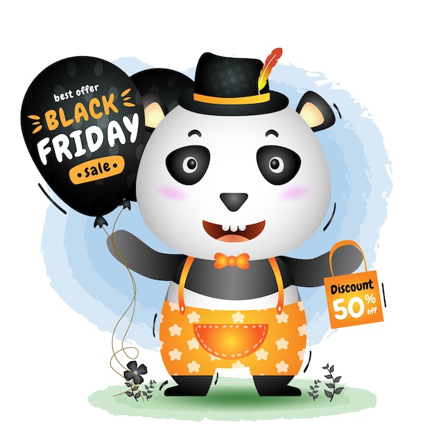 Venta de viernes negro con una linda promoción de globos con panda y una ilustración de bolsa de compras