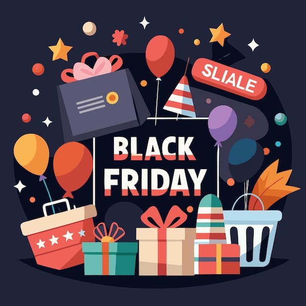Venta del Viernes Negro con regalos de globos y carrito de compras sobre un fondo oscuro