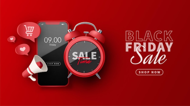 Venta de viernes negro con un teléfono inteligente y un reloj 3D de vida real