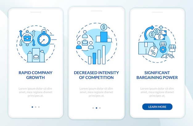 Ventajas de crecimiento externo Pantalla azul de la página de la aplicación móvil incorporada. Negocios expandir tutorial Instrucciones gráficas de 3 pasos con conceptos. UI, UX, plantilla de vector de GUI con ilustraciones en colores lineales
