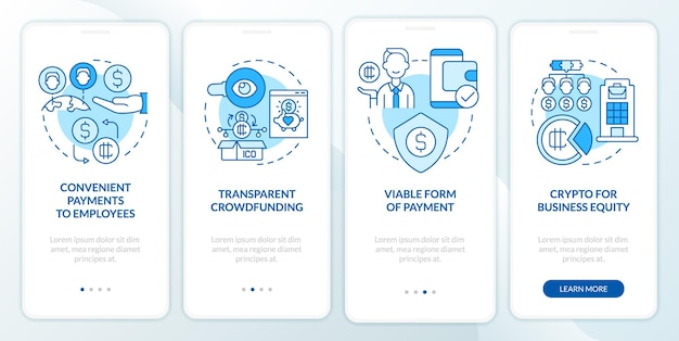 Ventajas de las criptomonedas en el uso Pantalla azul de la aplicación móvil de incorporación Tutorial Páginas de instrucciones gráficas de 4 pasos con conceptos lineales UI UX Plantilla de GUI Myriad ProBold Fuentes regulares utilizadas