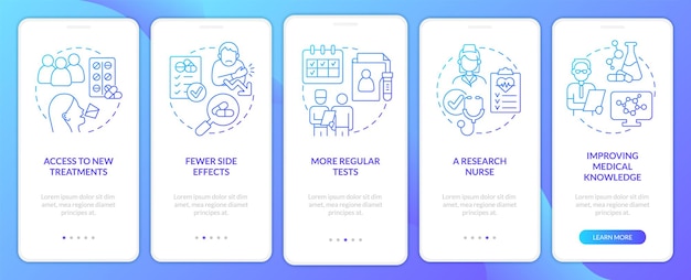 Ventajas de los ensayos clínicos Pantalla de la aplicación móvil de incorporación de degradado azul Tutorial Páginas de instrucciones gráficas de 5 pasos con conceptos lineales UI UX Plantilla de GUI Myriad ProBold Fuentes regulares utilizadas