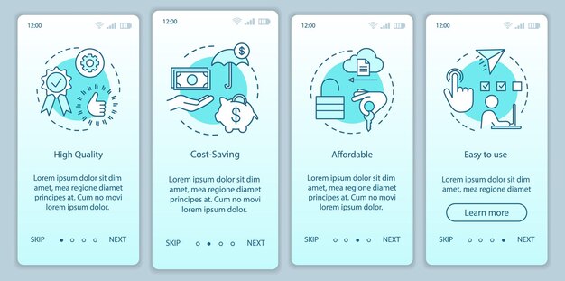 Ventajas de marketing al incorporar la pantalla de la página de la aplicación móvil con conceptos lineales. Calidad, economía, instrucciones gráficas paso a paso fáciles de usar. UX, UI, plantilla vectorial GUI con ilustraciones