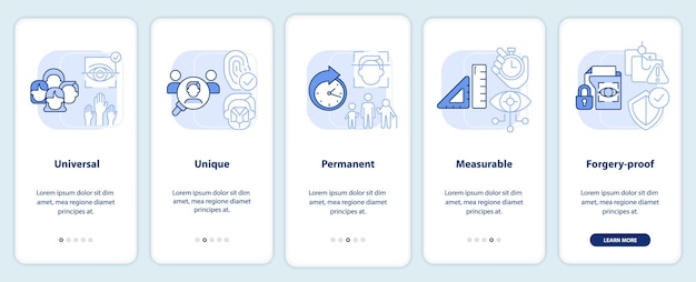 Ventajas de la pantalla de aplicación móvil de incorporación azul claro de datos biométricos
