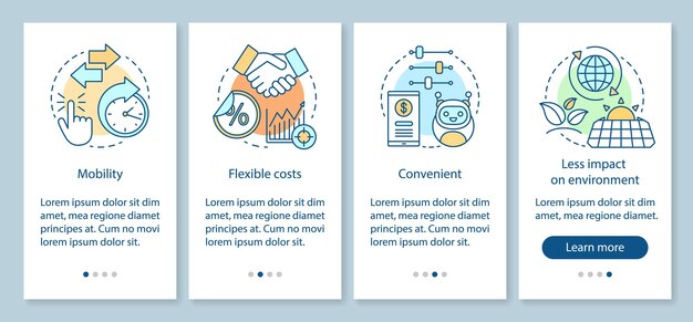 Ventajas de la tecnología que incorpora la pantalla de la página de la aplicación móvil con conceptos lineales. Movilidad, costos, conveniencia, recorrido ecológico, pasos, instrucciones gráficas. UX, UI, plantilla vectorial GUI con iconos