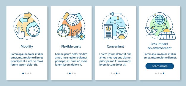 Ventajas de la tecnología que incorpora la pantalla de la página de la aplicación móvil con conceptos lineales. movilidad, costos, conveniencia, recorrido ecológico, pasos, instrucciones gráficas. ux, ui, plantilla vectorial gui con iconos