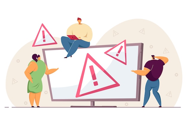 Ventana de advertencia en la pantalla de la computadora. Gente pequeña confundida, alerta de error para el sitio web o la ilustración de vector plano de página. Error del sistema, concepto de tecnología para banner, diseño de sitio web o página web de destino