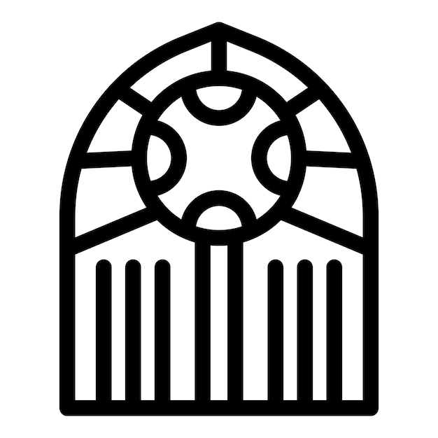 Ventana arqueada de la iglesia con vidrieras que representan símbolos religiosos