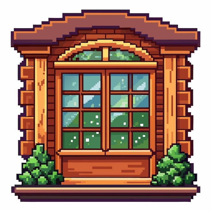 Vector ventana de arte de píxeles con diseño de arco y vegetación que ilustra la estética retro y la creatividad digital