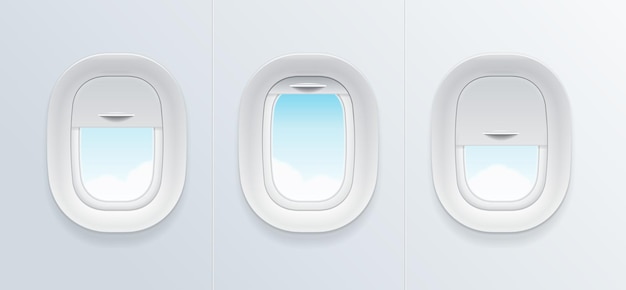 Ventana de avión 3d detallada realista con conjunto de vista de cielo azul Ilustración vectorial de ojo de buey con vidrio abierto y cerrado