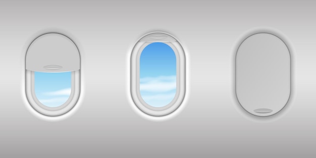 Ventana de avión 3d detallada realista con conjunto de vista de cielo azul. ojo de buey con cristal abierto y cerrado. cabina interior del avión en vuelo. ilustración vectorial