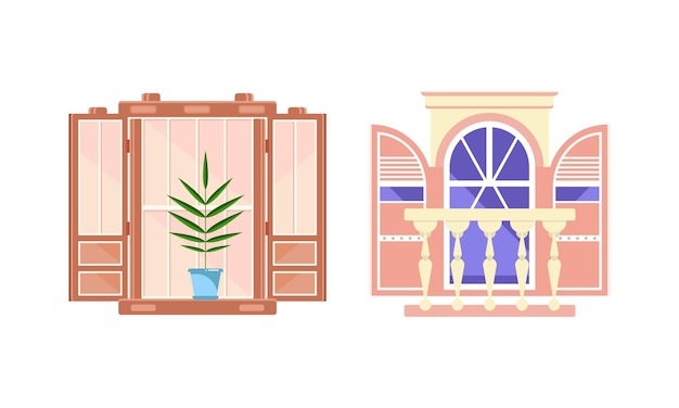Ventana con bisagras o franjas con persianas y maceta de flores apoyada en un conjunto vectorial de umbrales