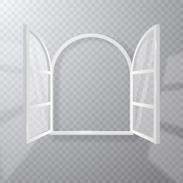 Ventana blanca abierta, marco y vidrio transparente aislado.