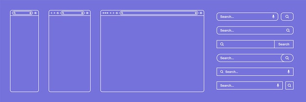 Ventana en blanco de la página de Internet del navegador web con barra de herramientas y campo de barra de búsqueda Sitio web moderno en arte de línea de estilo plano Maqueta de navegador para computadora, tableta y teléfono inteligente Ilustración vectorial