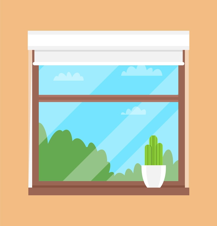 Vector ventana. el cactus en el alféizar de la ventana. ilustración vectorial diseño plano.