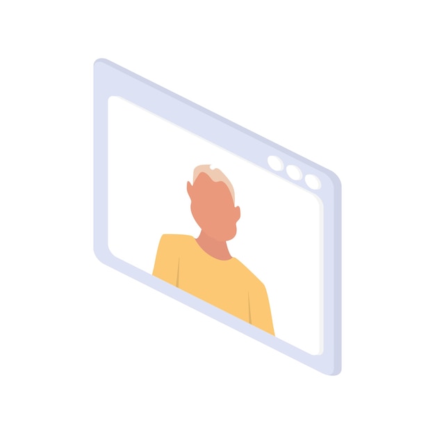 Ventana de chat isométrica. Hombre joven. Ilustración de vector de persona de dibujos animados de retrato de cara masculina de personaje de Avatar.