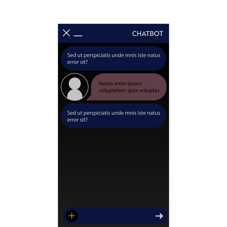 Vector ventana de chatbot. modo noche oscura. interfaz de usuario de la aplicación con diálogo en línea. conversación con un asistente de robot