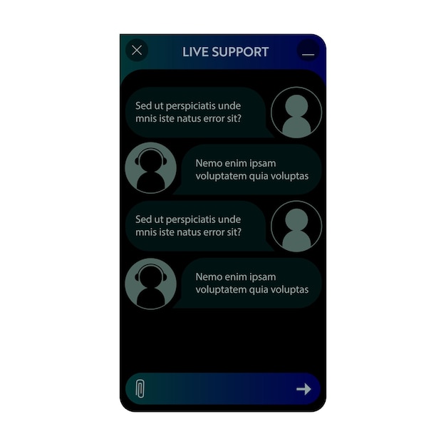 Ventana de chatbot. Modo noche oscura. Interfaz de usuario de la aplicación con diálogo en línea. Conversación con un asistente de robot
