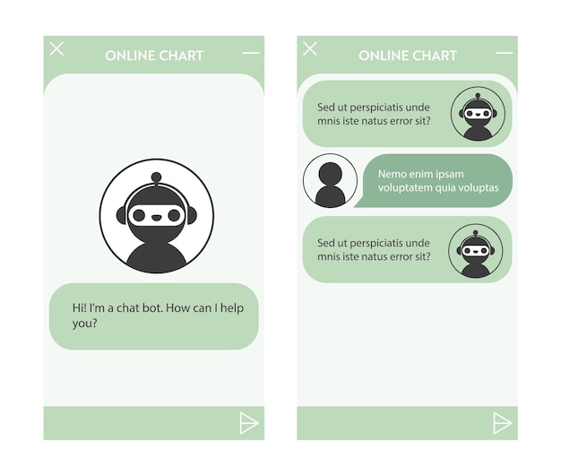 Vector ventana de chatbot con página de inicio configurada. interfaz de usuario de la aplicación con diálogo en línea. conversación con un asistente de robot