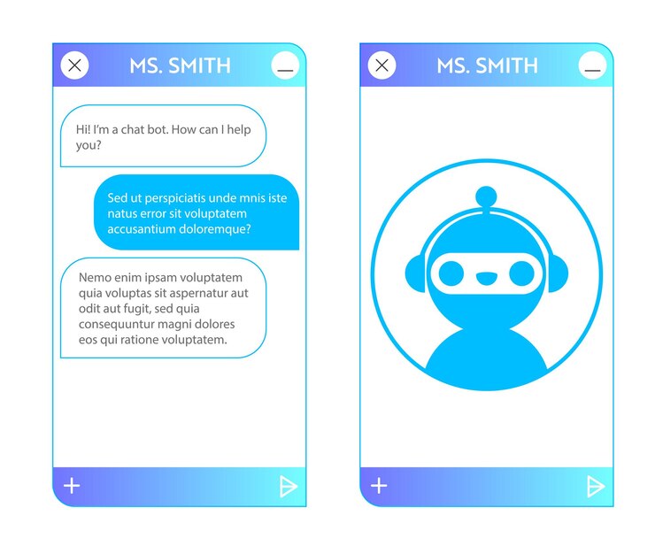 Vector ventana de chatbot con página de inicio. interfaz de usuario de la aplicación con diálogo en línea. conversación con un asistente de robot