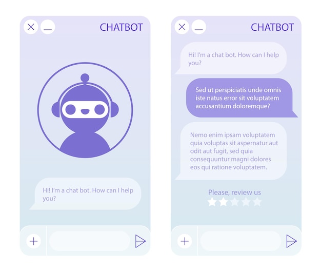 Vector ventana de chatbot con página de inicio. interfaz de usuario de la aplicación con diálogo en línea. conversación con un asistente de robot