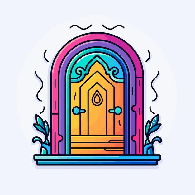 Vector una ventana colorida con un arco iris en la parte superior.