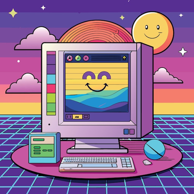 Ventana de la computadora del navegador retro en el estilo vaporwave de los años 90 con pegatinas hipster de cara sonriente