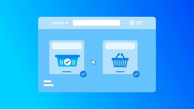 Vector ventana de computadora de sitio web de vector y diseño plano de fondo degradado de artículos de carrito de compras