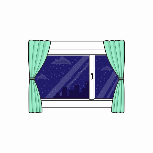 una ventana con una cortina verde que dice ciudad en ella