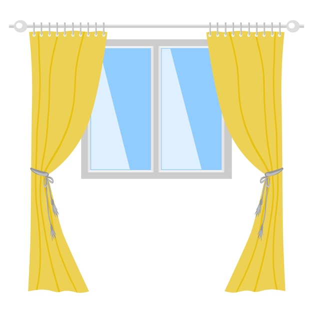Ventana con cortinas amarillas. Diseño plano. Simple. Textura vectorial. Fondo blanco.