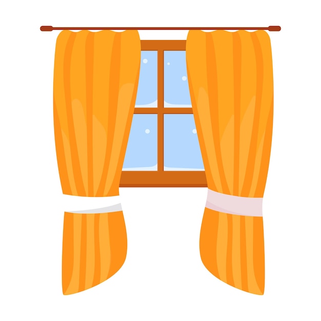 Ventana con cortinas amarillas. Ilustración de vector plano.